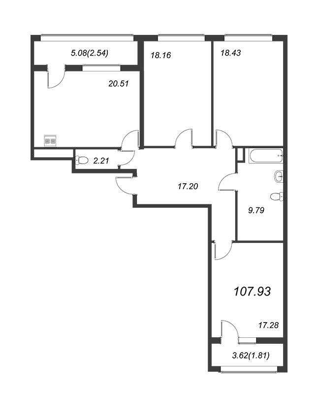 3-комнатная квартира, 108.3 м² - планировка, фото №1