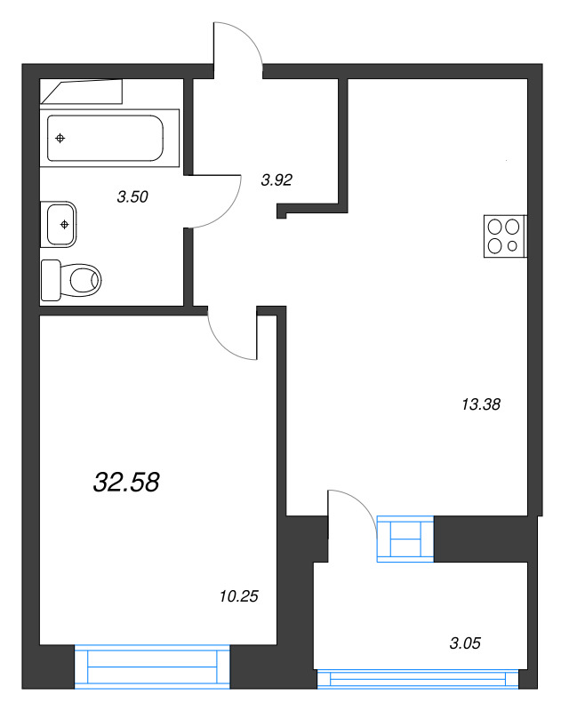 1-комнатная квартира, 32.58 м² в ЖК "Уютный" - планировка, фото №1
