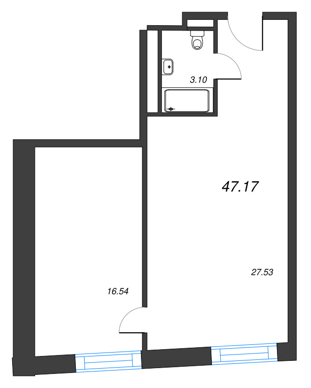 2-комнатная (Евро) квартира, 47.17 м² - планировка, фото №1