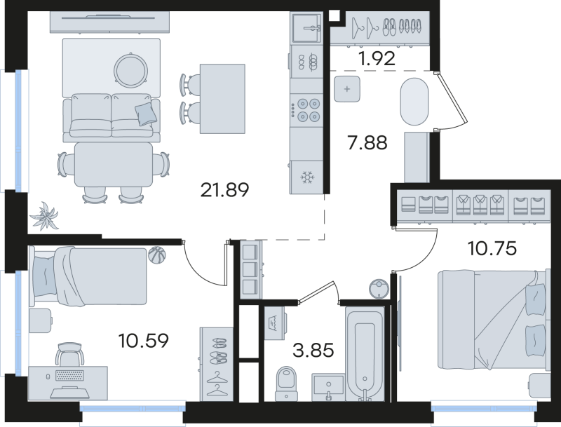 3-комнатная (Евро) квартира, 56.88 м² в ЖК "Парголово" - планировка, фото №1