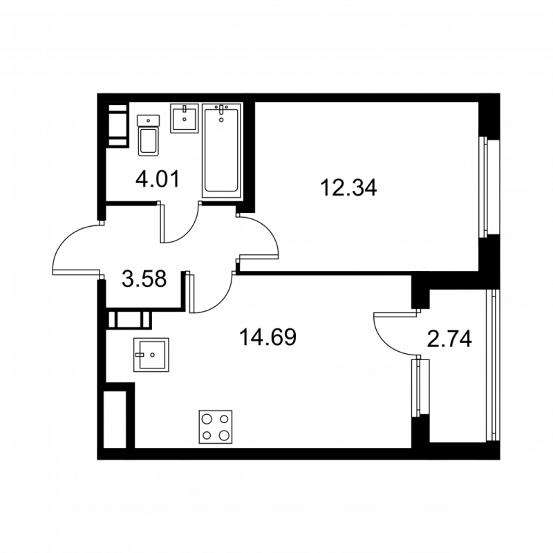 1-комнатная квартира, 35.99 м² - планировка, фото №1