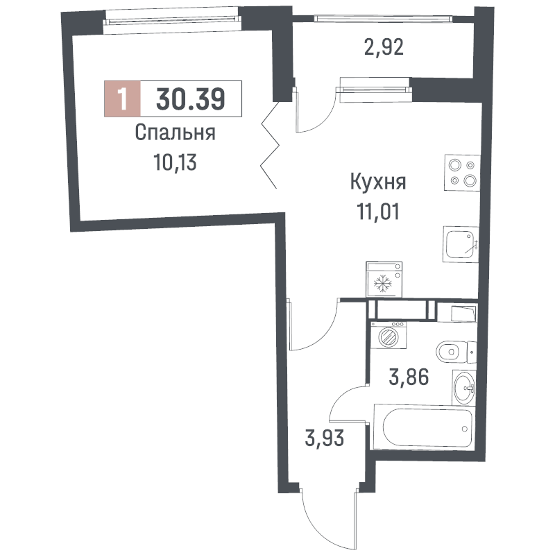 1-комнатная квартира, 30.39 м² в ЖК "Авиатор" - планировка, фото №1