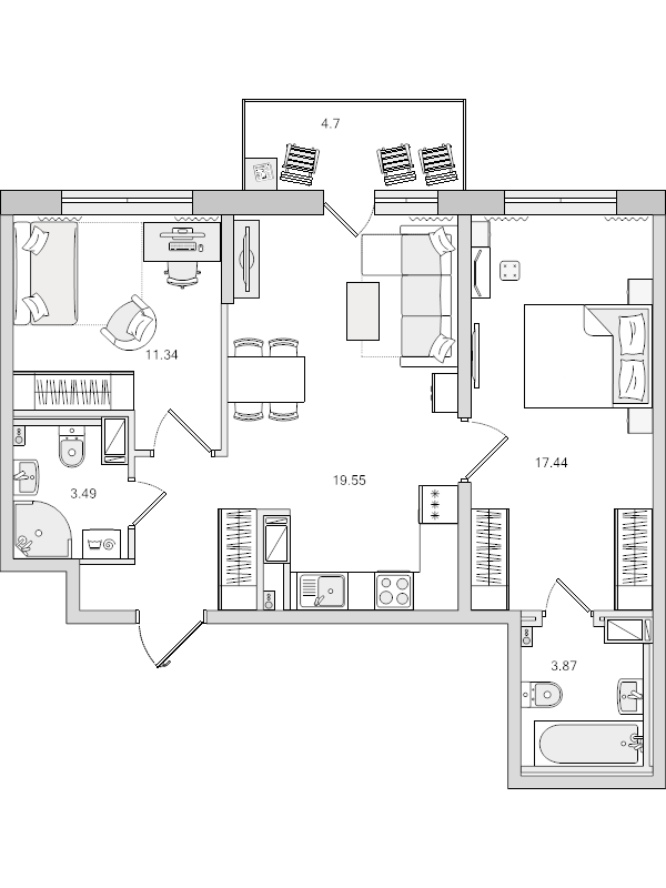 3-комнатная (Евро) квартира, 60.98 м² - планировка, фото №1