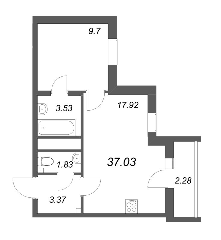 2-комнатная (Евро) квартира, 37.03 м² - планировка, фото №1