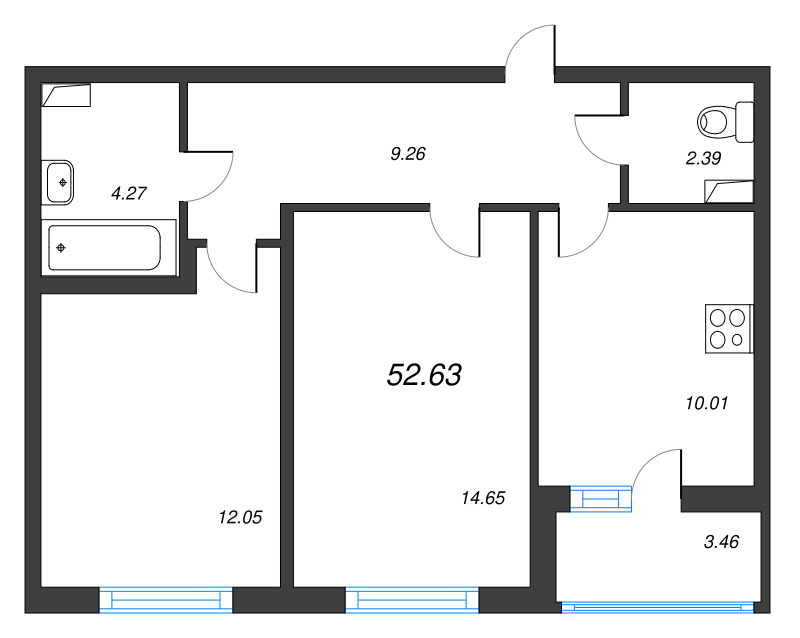 2-комнатная квартира, 52.63 м² в ЖК "Ясно.Янино" - планировка, фото №1