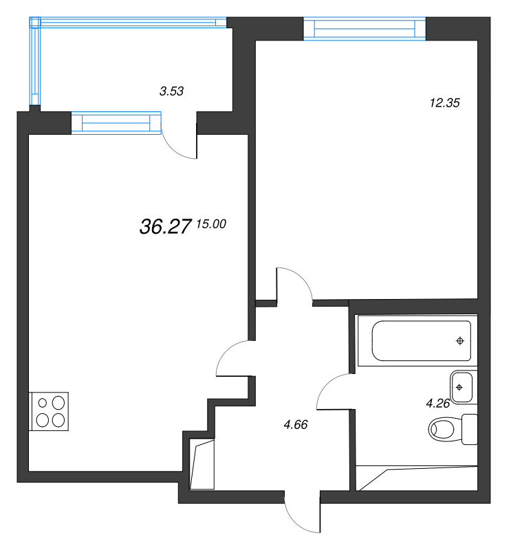 1-комнатная квартира, 36.27 м² в ЖК "ЮгТаун" - планировка, фото №1