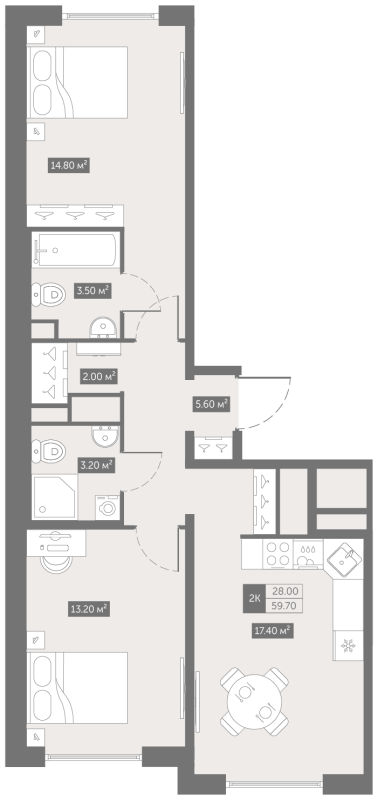 3-комнатная (Евро) квартира, 59.7 м² в ЖК "Квартал «Новый Московский»" - планировка, фото №1