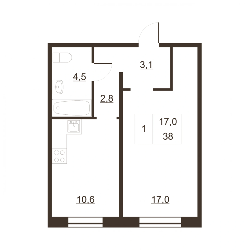 1-комнатная квартира, 38.6 м² в ЖК "Дом на набережной" - планировка, фото №1