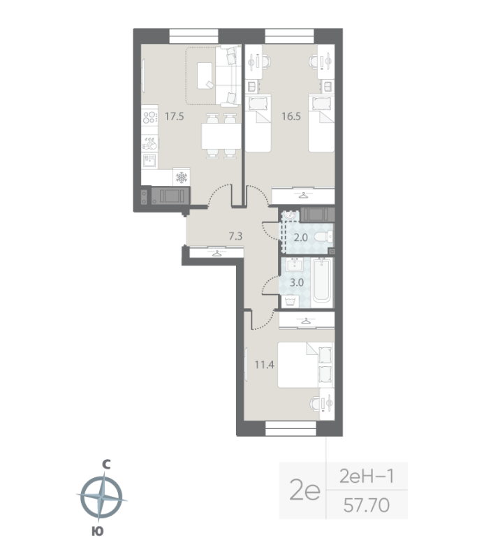 3-комнатная (Евро) квартира, 57.7 м² - планировка, фото №1