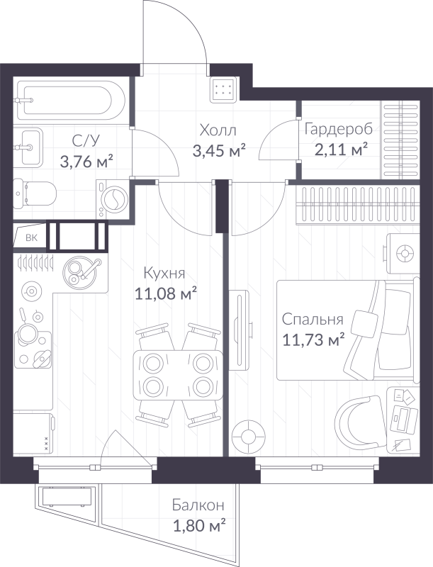 1-комнатная квартира, 32.67 м² в ЖК "ВЕРЕН НОРТ сертолово" - планировка, фото №1