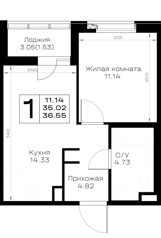 1-комнатная квартира, 36.55 м² - планировка, фото №1