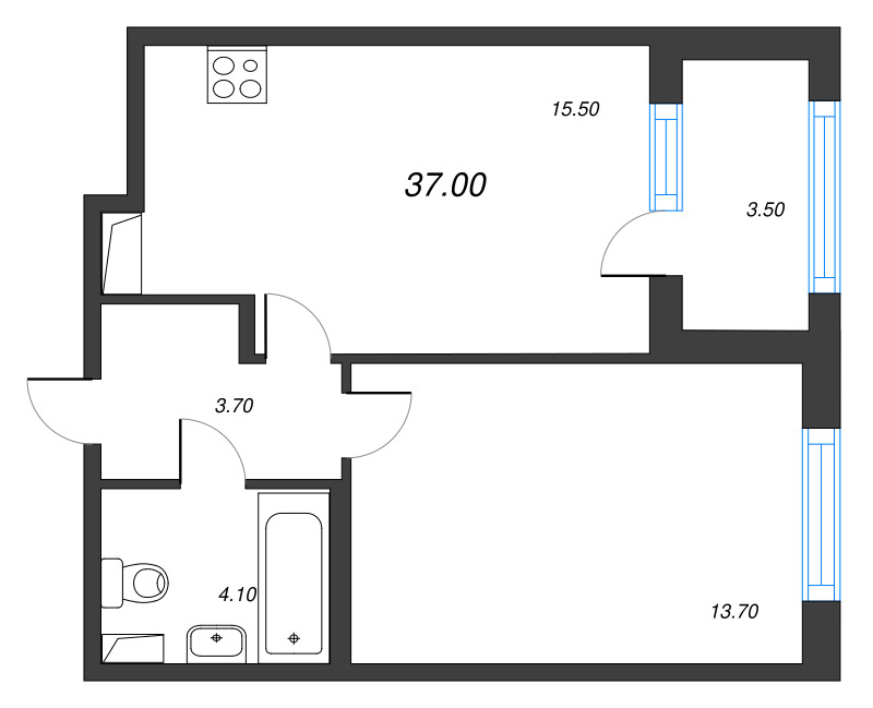 2-комнатная (Евро) квартира, 37 м² в ЖК "Дубровский" - планировка, фото №1