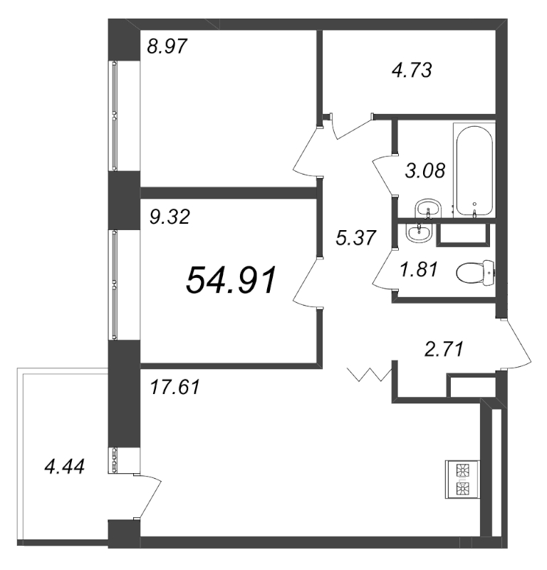 3-комнатная (Евро) квартира, 54.91 м² - планировка, фото №1