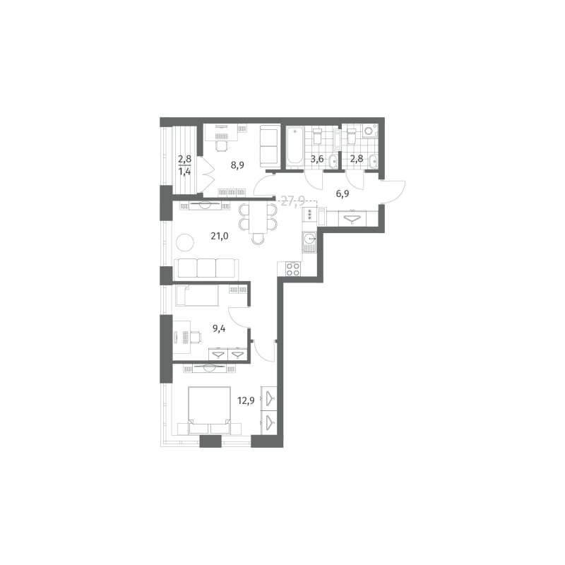 4-комнатная (Евро) квартира, 66.97 м² в ЖК "Новый Питер" - планировка, фото №1