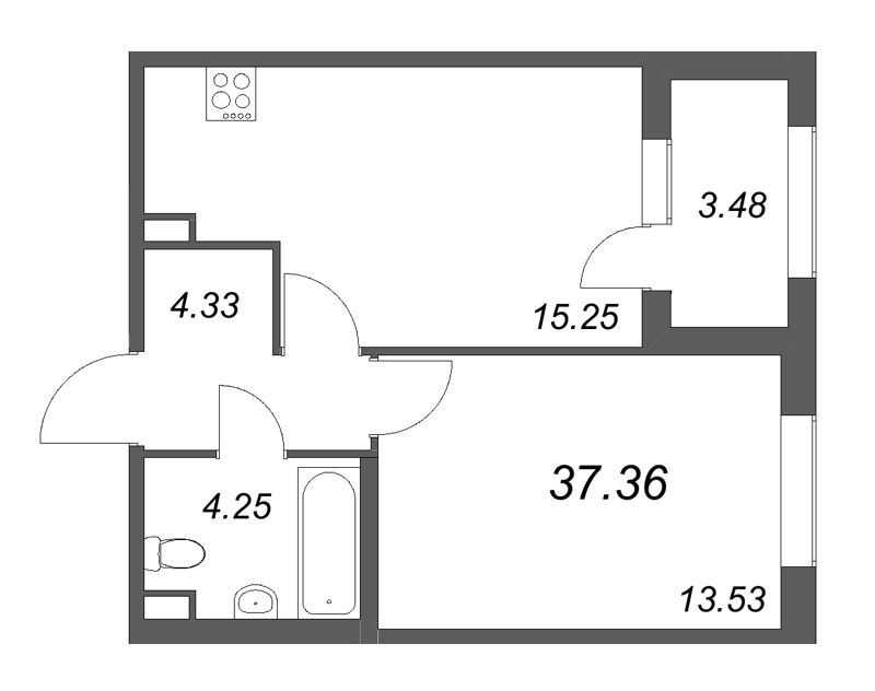 2-комнатная (Евро) квартира, 37.36 м² в ЖК "Дубровский" - планировка, фото №1