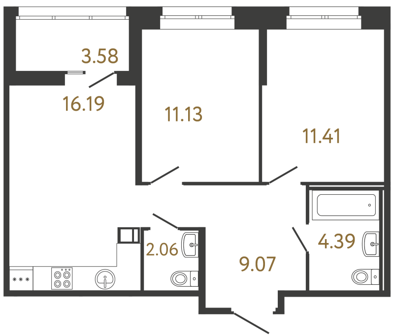 3-комнатная (Евро) квартира, 54.25 м² - планировка, фото №1