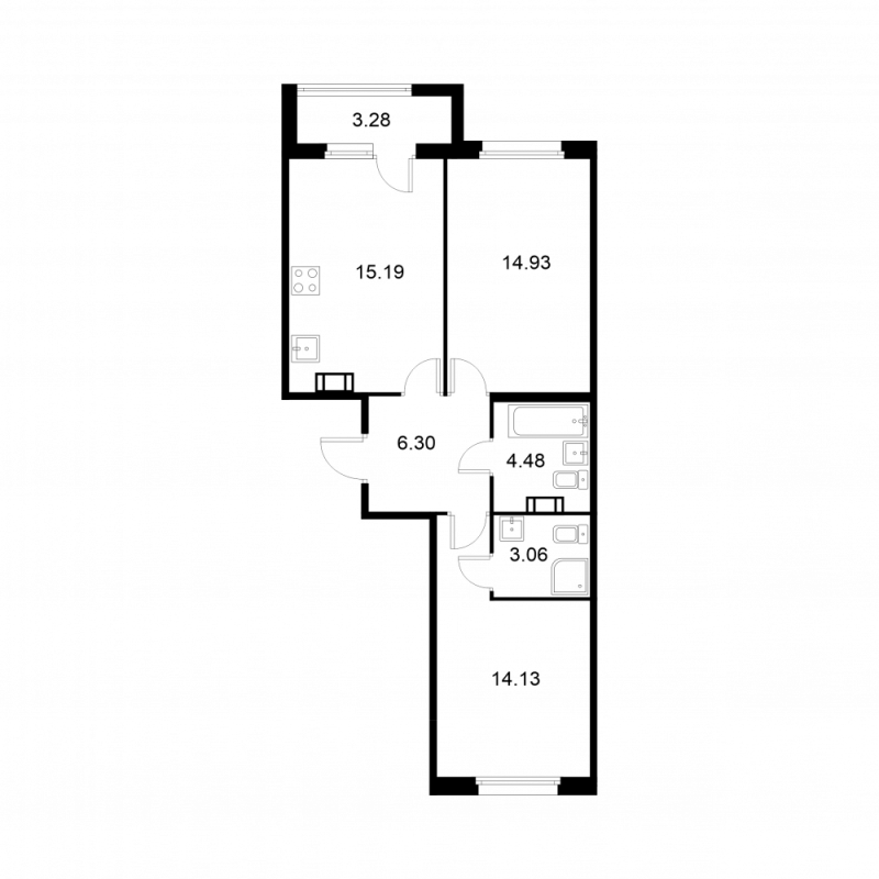 3-комнатная (Евро) квартира, 59.73 м² в ЖК "Квартал Заречье" - планировка, фото №1