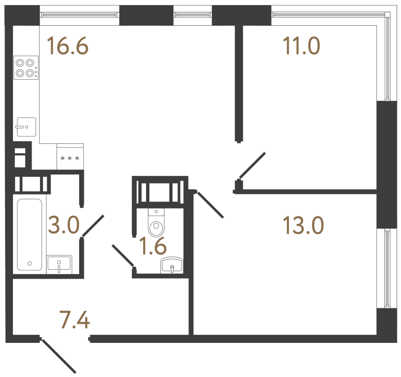 3-комнатная (Евро) квартира, 52.6 м² в ЖК "Передвижники 2" - планировка, фото №1