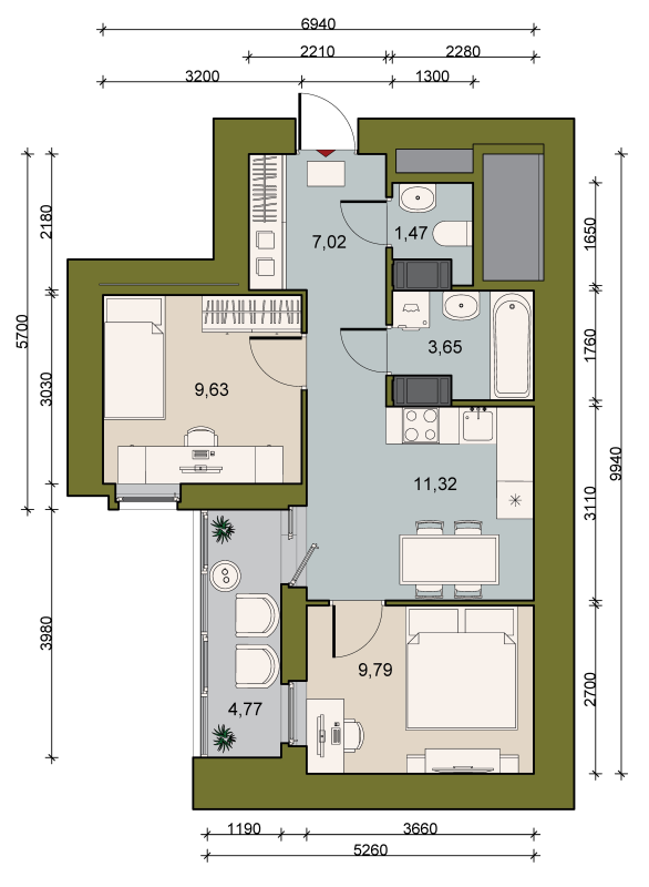 2-комнатная квартира, 46.37 м² - планировка, фото №1