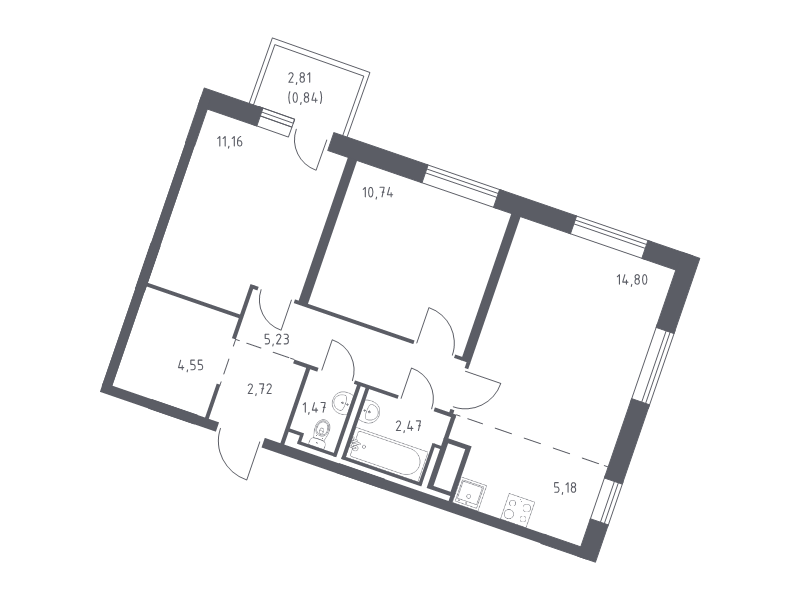 3-комнатная (Евро) квартира, 59.16 м² - планировка, фото №1