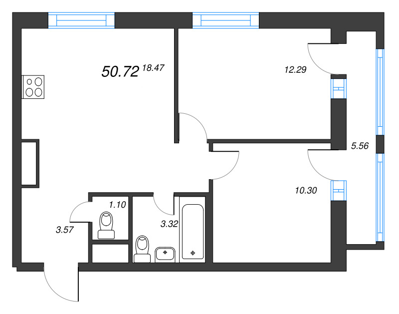 3-комнатная (Евро) квартира, 50.72 м² в ЖК "Старлайт" - планировка, фото №1