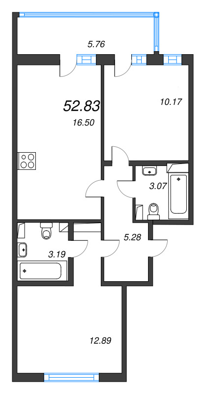 3-комнатная (Евро) квартира, 52.83 м² в ЖК "Аэросити" - планировка, фото №1