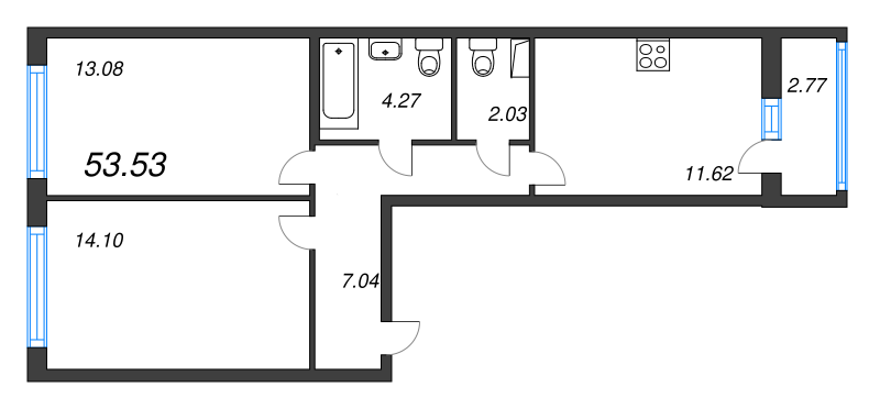 2-комнатная квартира, 53.53 м² - планировка, фото №1
