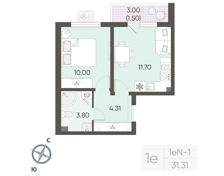 1-комнатная квартира, 31.31 м² в ЖК "Ручьи" - планировка, фото №1