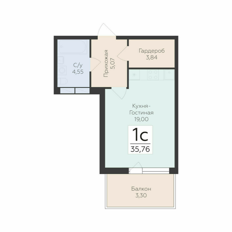 Квартира-студия, 35.76 м² в ЖК "Финский квартал" - планировка, фото №1