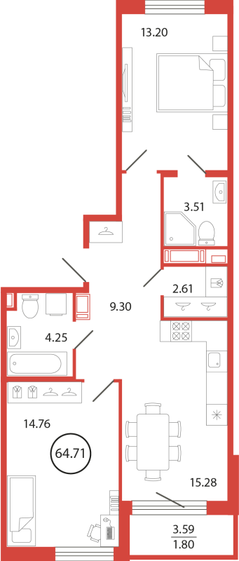 3-комнатная (Евро) квартира, 64.71 м² - планировка, фото №1