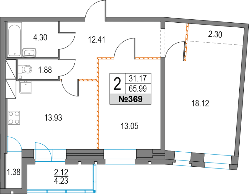 2-комнатная квартира, 65.99 м² - планировка, фото №1