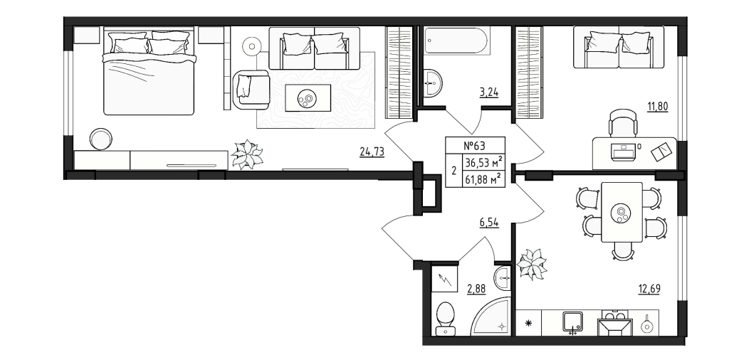 2-комнатная квартира, 61.88 м² - планировка, фото №1