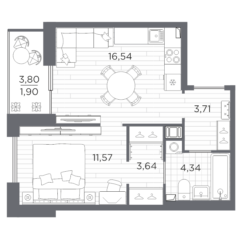 2-комнатная (Евро) квартира, 41.7 м² в ЖК "Сезоны" - планировка, фото №1