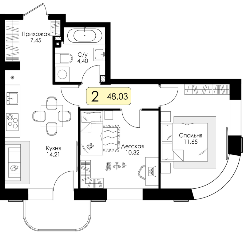 2-комнатная квартира, 48.03 м² в ЖК "Всевгород" - планировка, фото №1