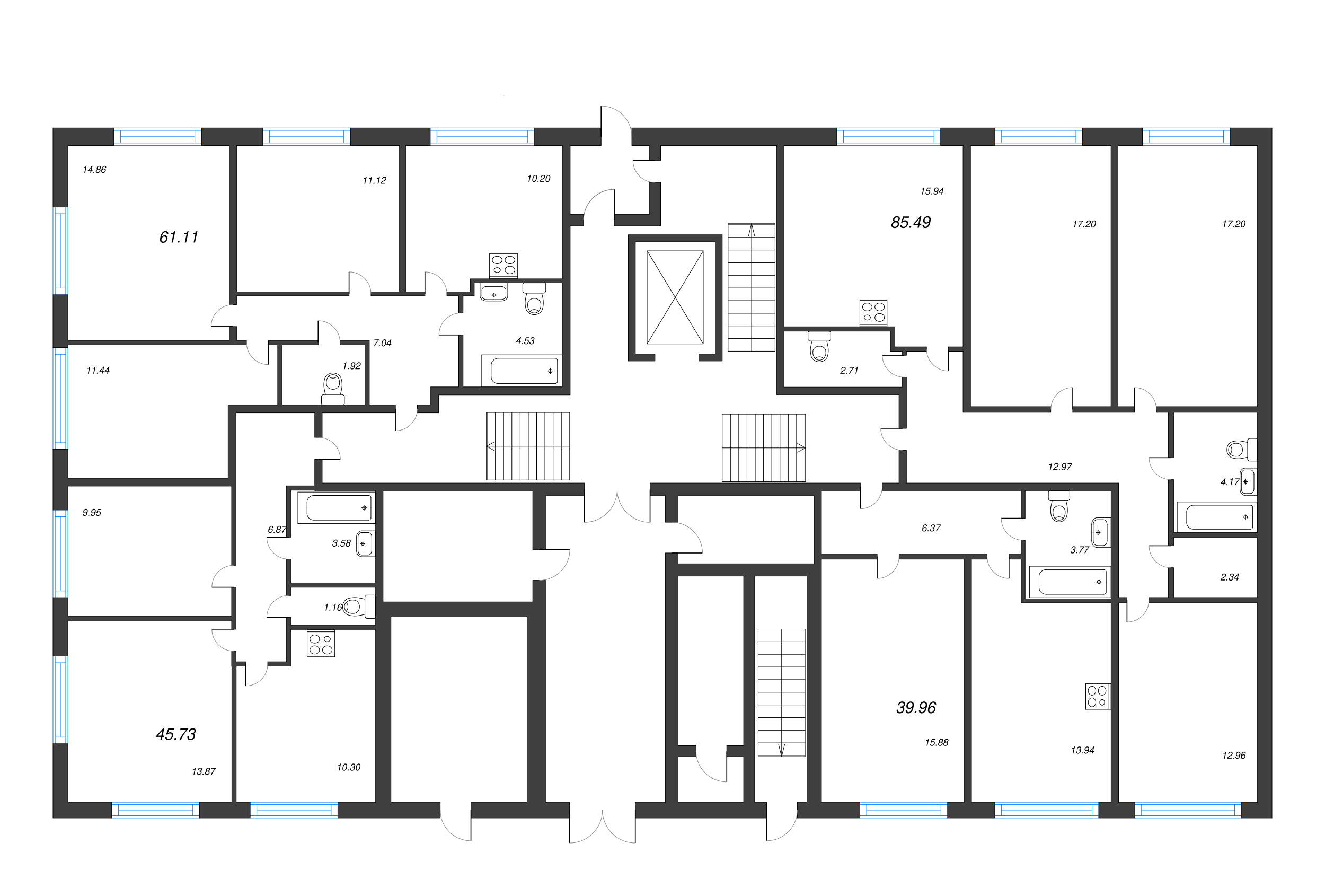 2-комнатная квартира, 45.73 м² - планировка этажа