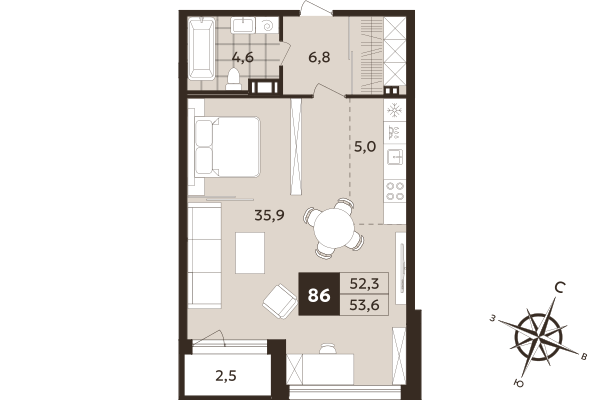 Квартира-студия, 52.3 м² в ЖК "Дом на Бронницкой" - планировка, фото №1