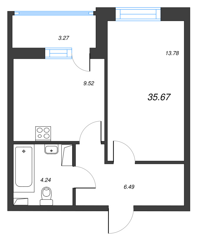 1-комнатная квартира, 35.67 м² - планировка, фото №1