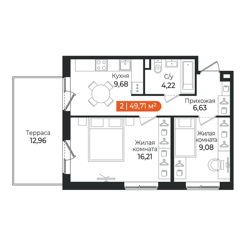 2-комнатная квартира, 49.71 м² в ЖК "Алгоритм Квинта" - планировка, фото №1