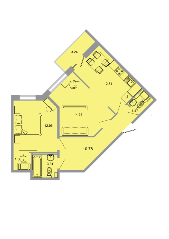 2-комнатная квартира, 57.6 м² - планировка, фото №1