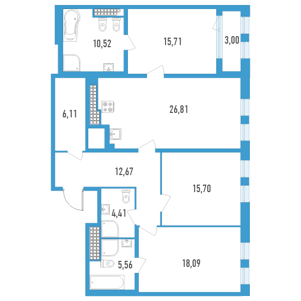 3-комнатная квартира, 117.08 м² - планировка, фото №1