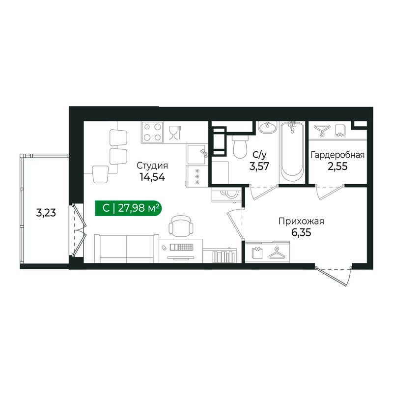 Квартира-студия, 26.9 м² в ЖК "Сертолово Парк" - планировка, фото №1