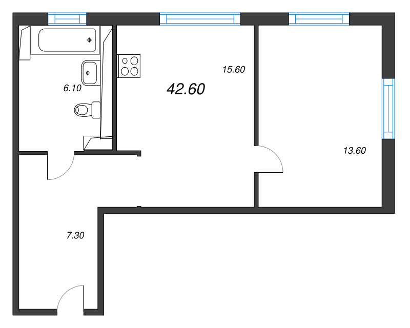 2-комнатная (Евро) квартира, 42.6 м² в ЖК "Руднева 15" - планировка, фото №1