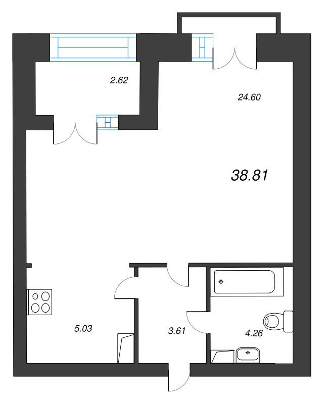 1-комнатная квартира, 41 м² - планировка, фото №1