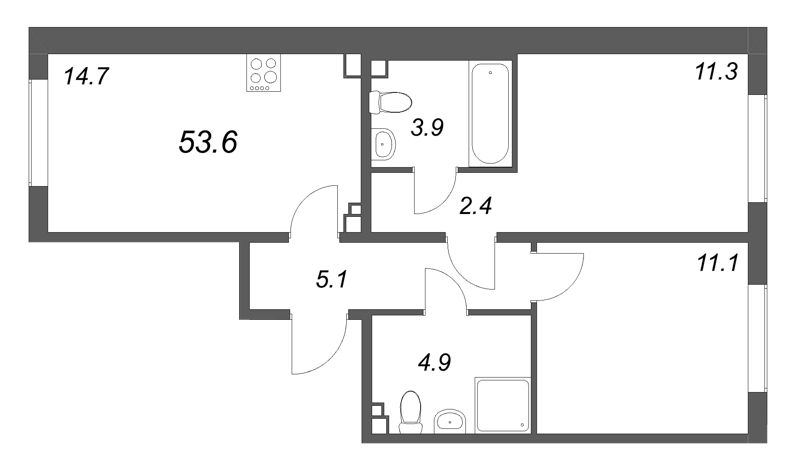 2-комнатная квартира, 53.6 м² в ЖК "Пулково Lake" - планировка, фото №1