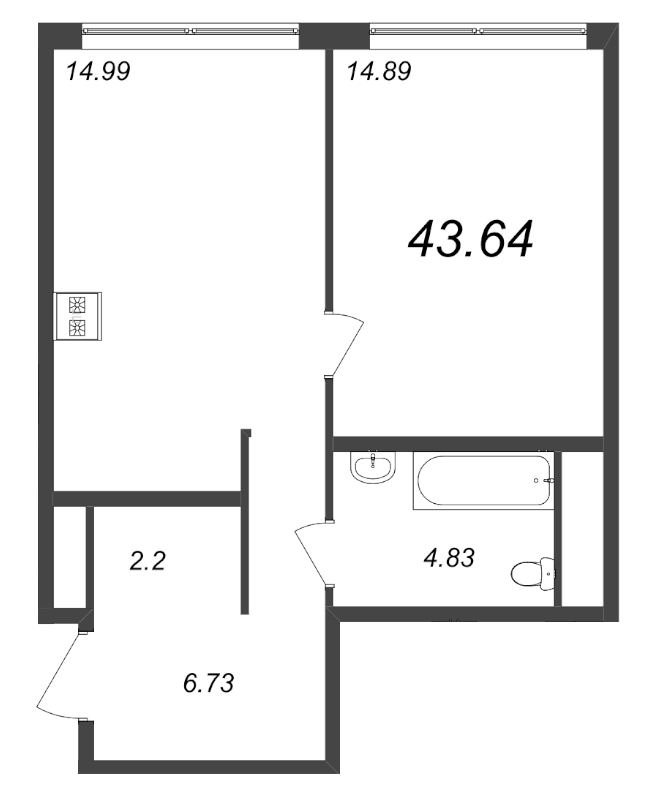 1-комнатная квартира, 43.64 м² - планировка, фото №1