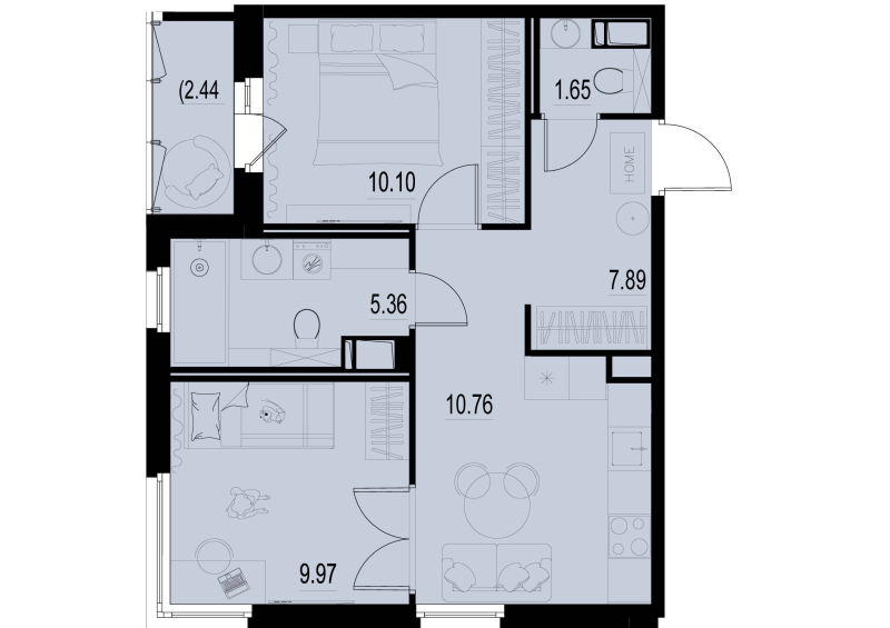 2-комнатная квартира, 47.07 м² - планировка, фото №1