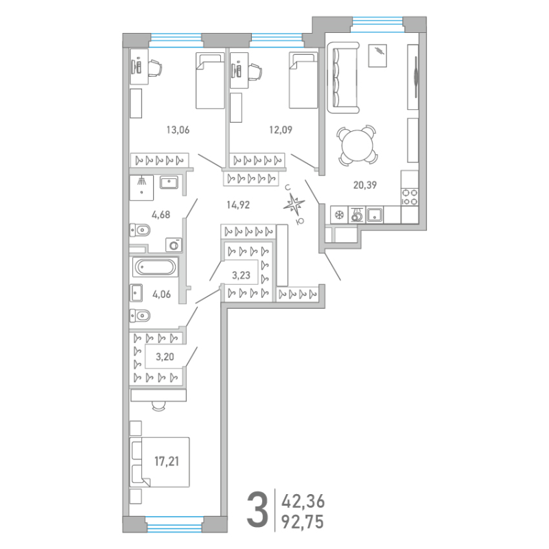 4-комнатная (Евро) квартира, 92.75 м² - планировка, фото №1