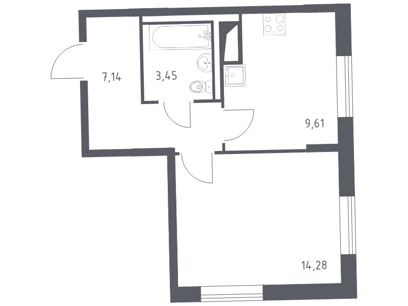 1-комнатная квартира, 34.48 м² - планировка, фото №1