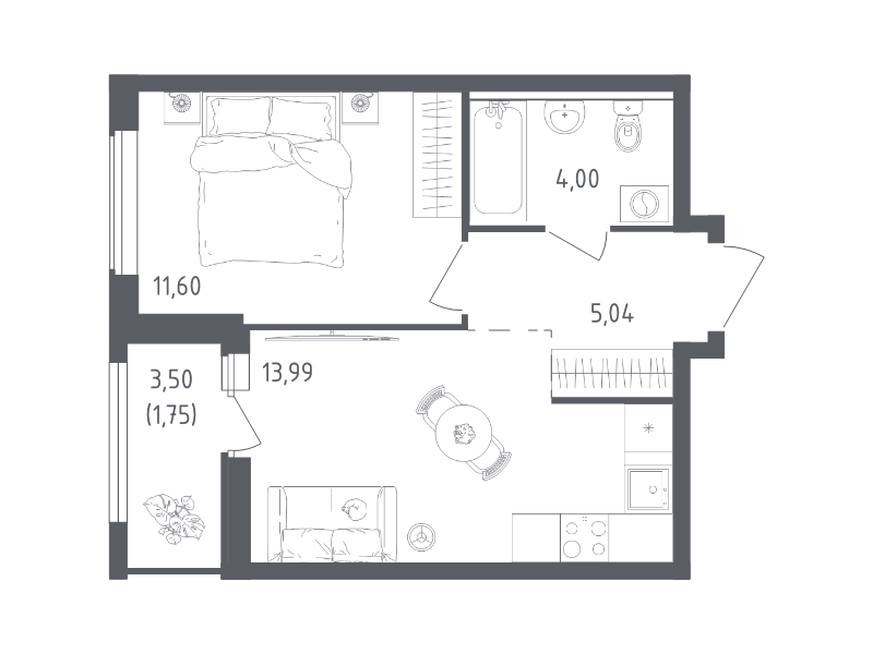 1-комнатная квартира, 36.38 м² в ЖК "Южная Нева" - планировка, фото №1