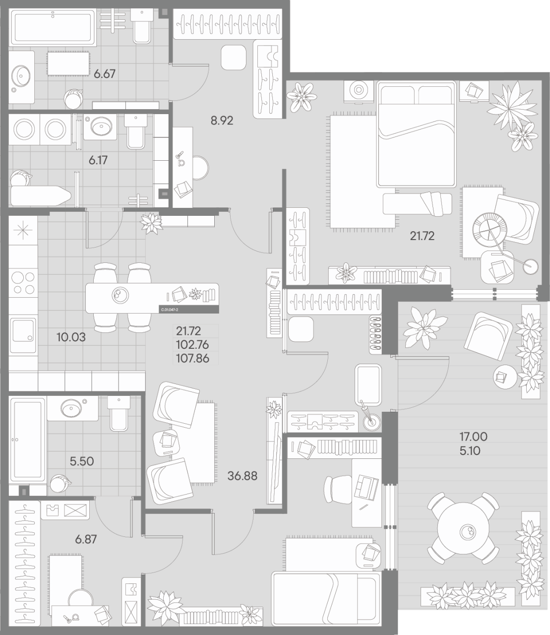 3-комнатная (Евро) квартира, 107.86 м² в ЖК "Amo" - планировка, фото №1